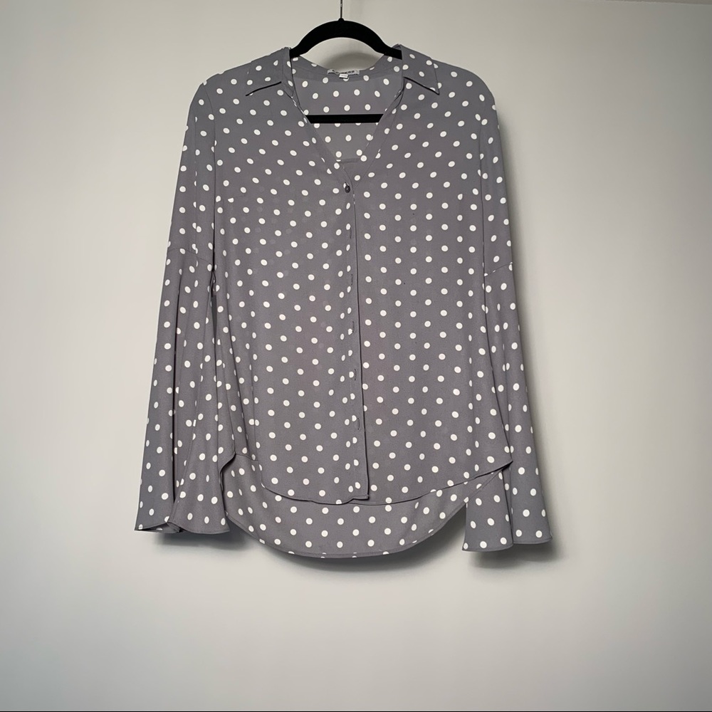 Express Grey and White Polka Dot Blouse Long Sleeve Elongated Bell Sleeve size M